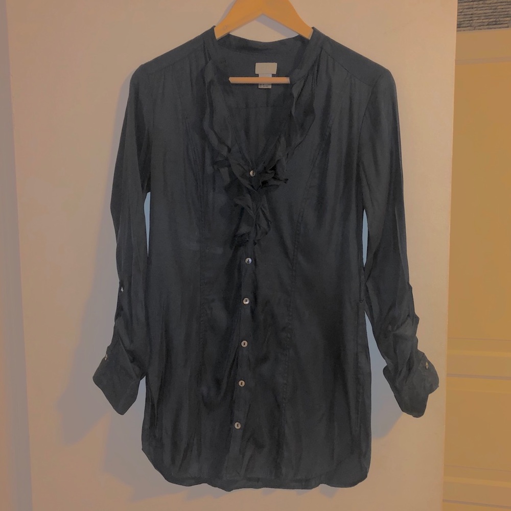 Long blue ruffle blouse